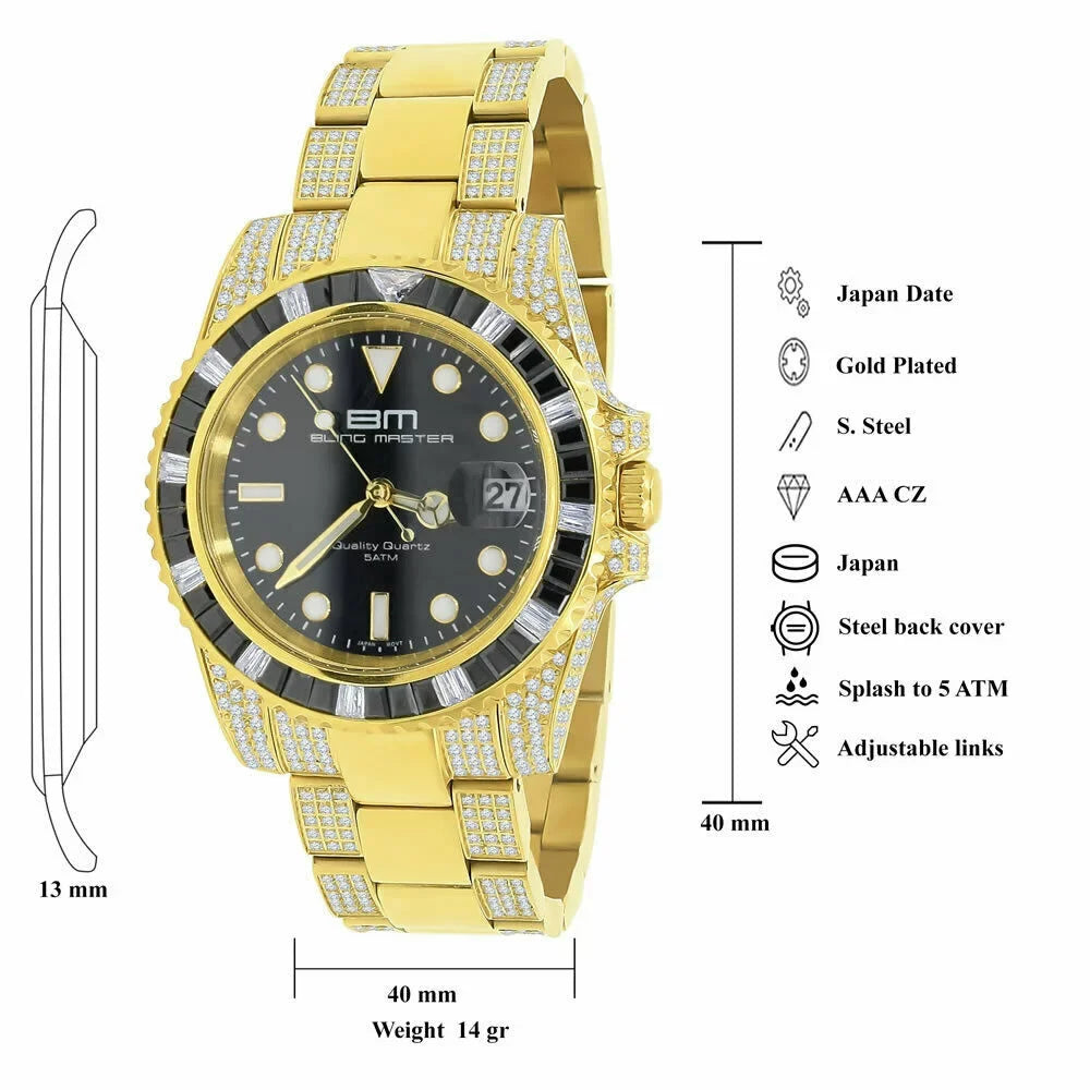 40mm Solid Yellow Presidential Gold Diamond Stainless Watch Steel 18k Simulated Mens