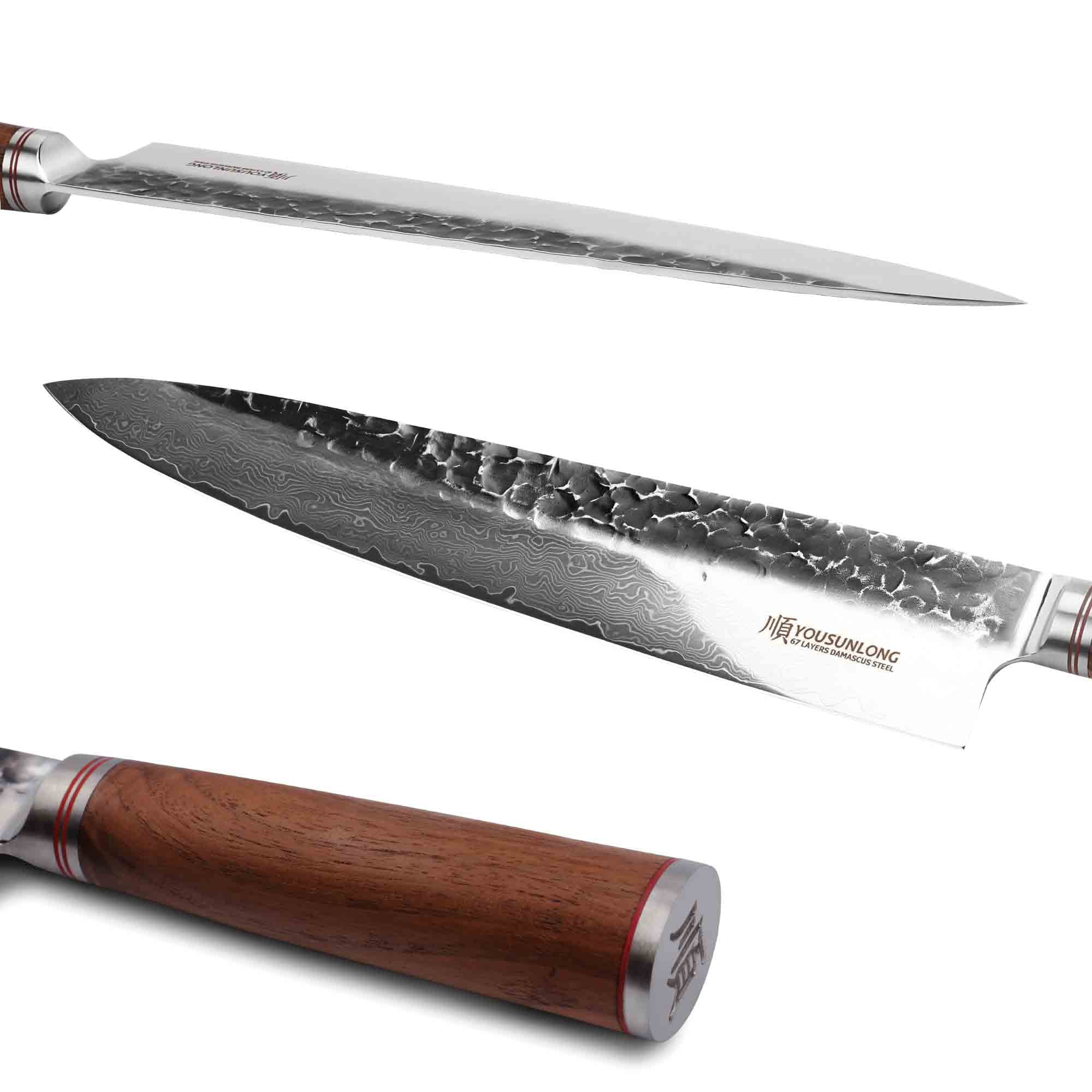 Knife Leather Natural Sheath Pro Wooden Gyuto YOUSUNLONG Damascus 12 Steel with Walnut inch Handle Chef - Japanese Hammered