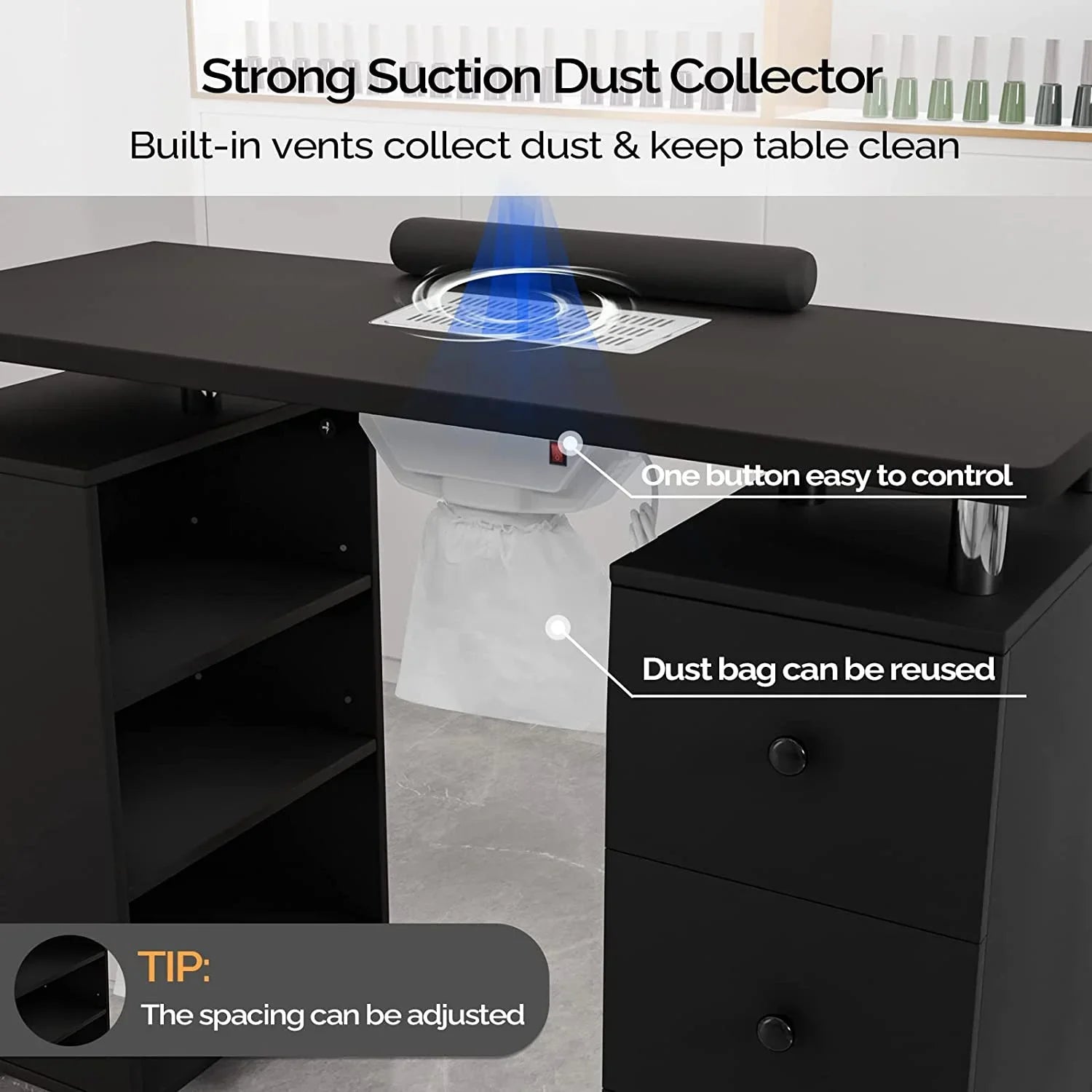 Table Table Beauty w/Electric Supplies Resistant Dust Nail Cushion,3-Tier Tech for Salon Collector, Manicure OmySalon Portable Acetone Station Nail Shelves&Drawers Nail Wheels,Wrist Desk w/Lockable