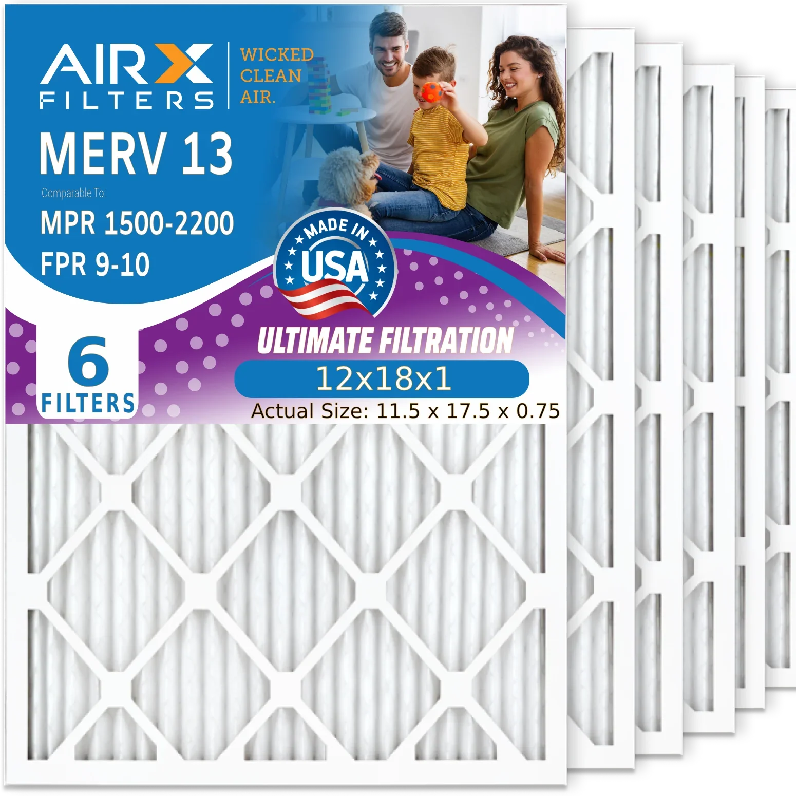WICKED CLEAN Air 1500 Furnace 12x18x1 9 MERV MPR Made AC 12x18x1 AIR. Pack - by Filter Electrostatic AIRX Filter FILTERS HVAC & Air Comparable to USA Premium 13 Filters Pleated Conditioner 2200 FPR 6