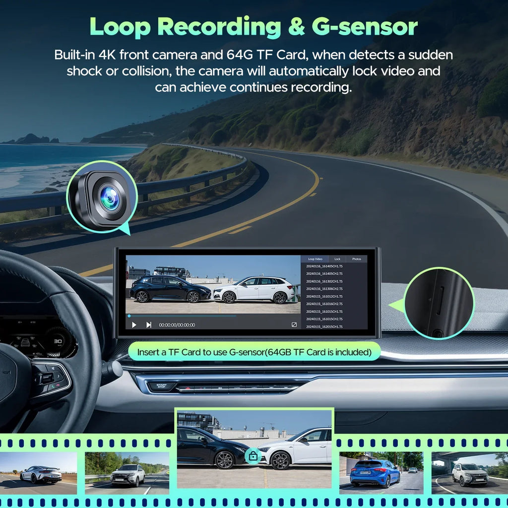 4K Stereo TOGUARD  Camera/Loop Radio, View Rear and Touch 1080P Link Wireless Car Play Navigation/Mirror Android Screen, Dash Recording/GPS Carplay Auto, with Cam, Front Car Car 9.26" Rear