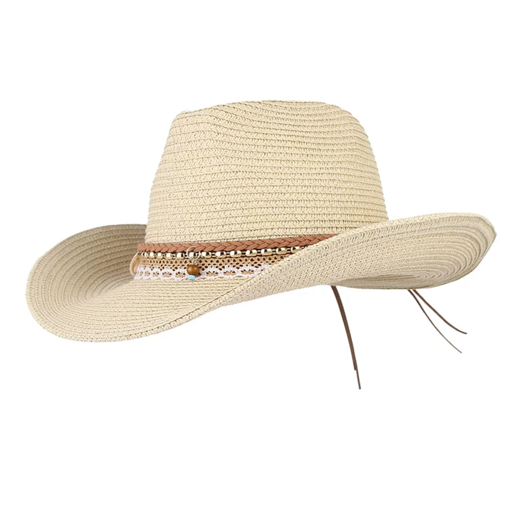 Cowboy Straw Packable Trilby Big Sun Brim Style Floppy Western Hat Women Beige