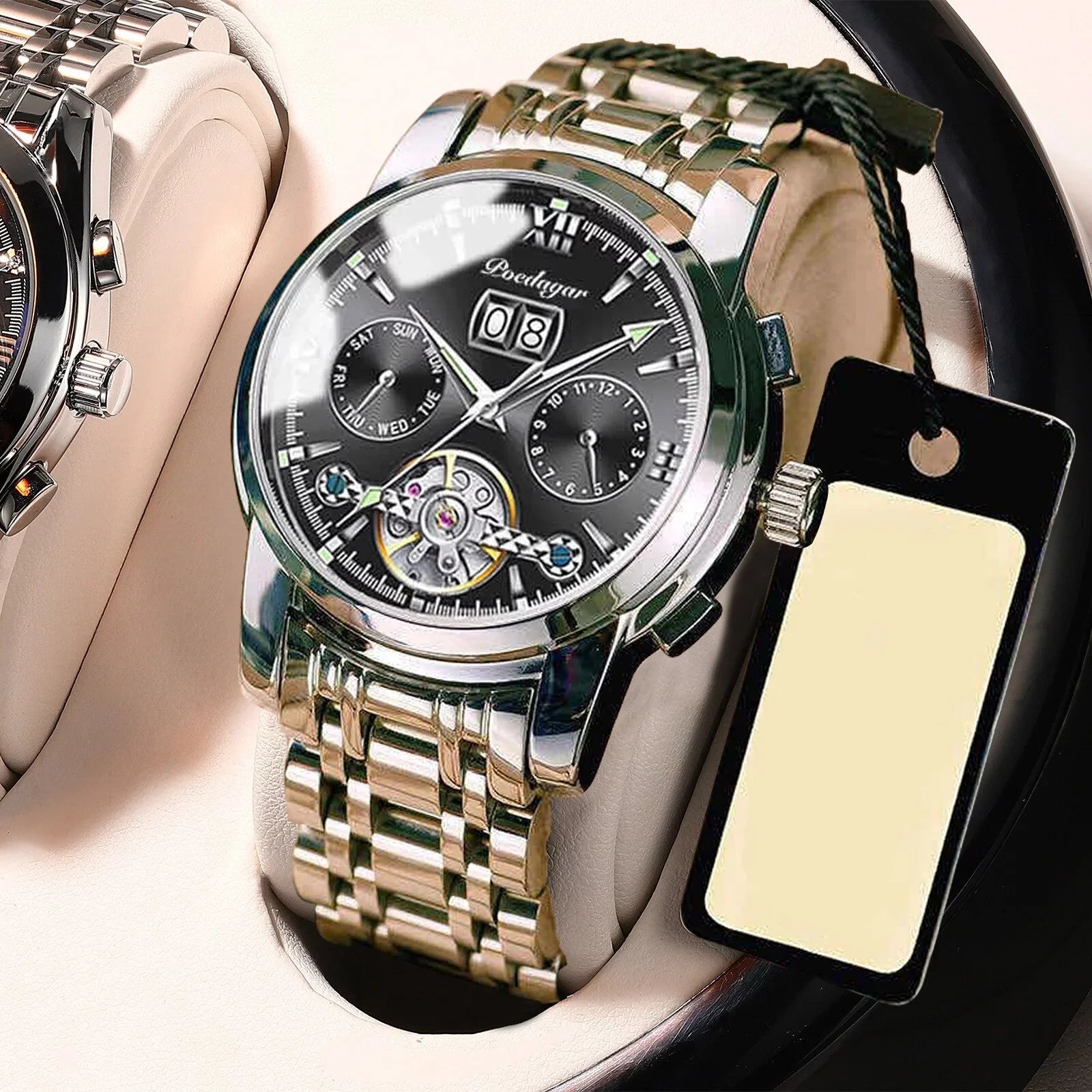 Top Leather Sports Men Genuine Automatic Brand Wristwatch POEDAGAR Luxury Chronograph Mechanical Watches Clock New Men