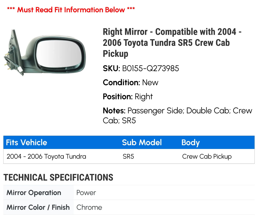 '- 2004 with - Crew Cab Mirror 2005 SR5 Pickup Toyota Compatible 2006 Right Tundra