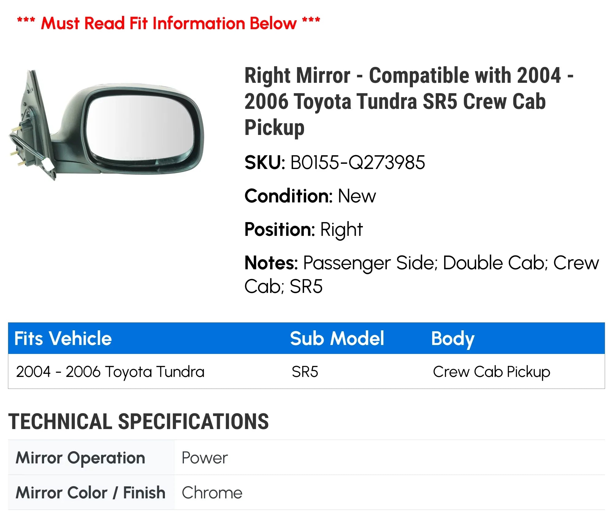 '- 2004 with - Crew Cab Mirror 2005 SR5 Pickup Toyota Compatible 2006 Right Tundra