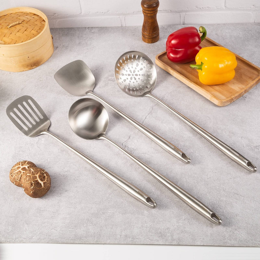 Stiwee Steel All 304 17Inch Cooker 4Pieces Ladle Wok Cooking Kitchen Newest Set Tools Stainless Slotted Equipment Handle Long Utensils Spatula Spatula Metal Spoon Extra 2024 Skimmer And Sale Cooking