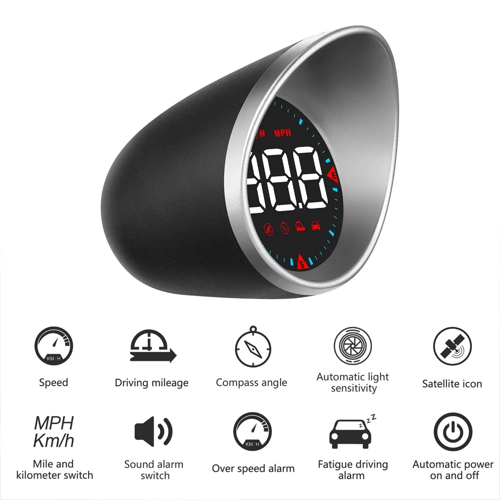 Alarm Driving Speedometer Fatigue Display Digital Meterk Driving Overspeed Compass Head-up Mileage, Car and Angle, Alarm Display