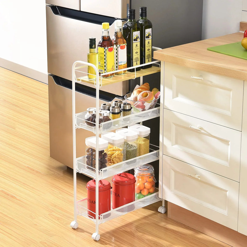 KINGRACK Tabletop Wooden KK Carts Mesh Kitchen with Rolling Cart, School Utility Storage 4-Tier White for Bathroom,