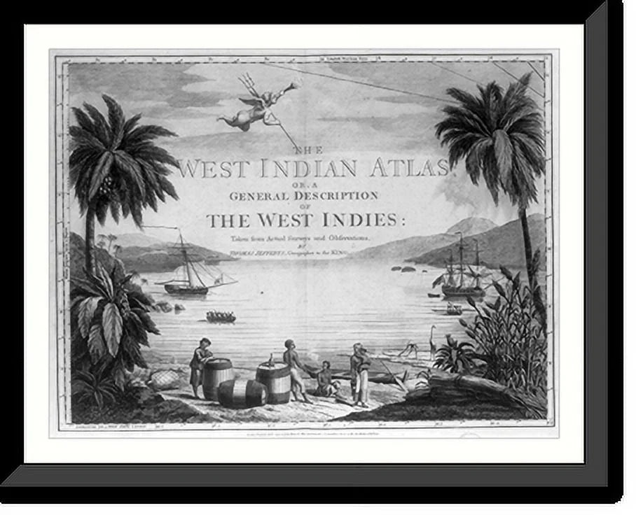 the ships two and on West Historic scene harbor], Framed large with casks, the in showing 17-7/8" x sailor a [A the Indies and beach three Natives in Print, 21-7/8" British