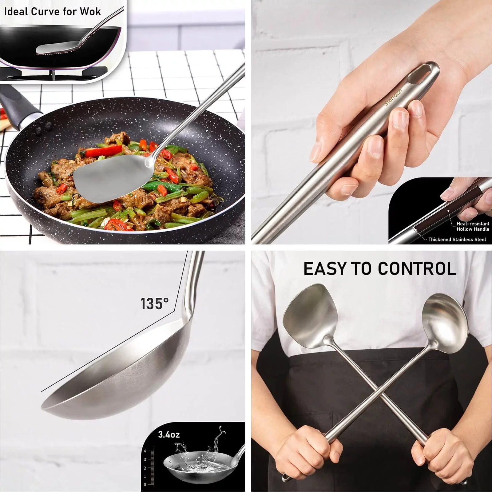 Stiwee Steel All 304 17Inch Cooker 4Pieces Ladle Wok Cooking Kitchen Newest Set Tools Stainless Slotted Equipment Handle Long Utensils Spatula Spatula Metal Spoon Extra 2024 Skimmer And Sale Cooking