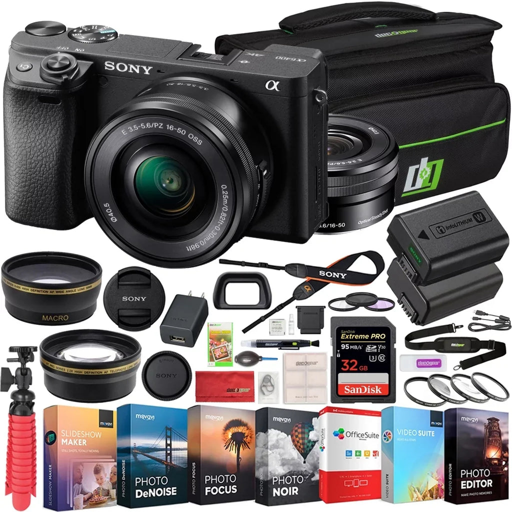 f/3.5-5.6 Battery ILCE-6400L/B Gear Bundle 4K Lens Angle Wide with Sony Deco Telephoto Filter and Editing & a6400 Set 0.43x (Black) + Mirrorless OSS Camera Lens 2.2X Power Extra Case 16-50mm Kit