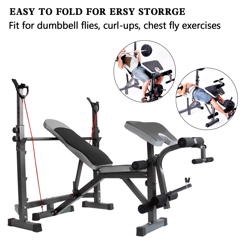 Weight Press Bench Adjustable Folding Bench Rack Full Body W/Barbell Workout