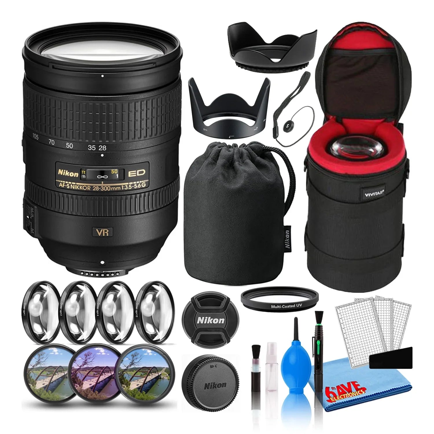 Cap VR Nikon + Padded Lens Lens FL Lens Macro Case Intl with + f/3.5-5.6G UV, Kit + CPL, Keeper Hood Tulip + ED NIKKOR Filter + Filters Cleaning Lens (2191) AF-S 28-300mm Kit