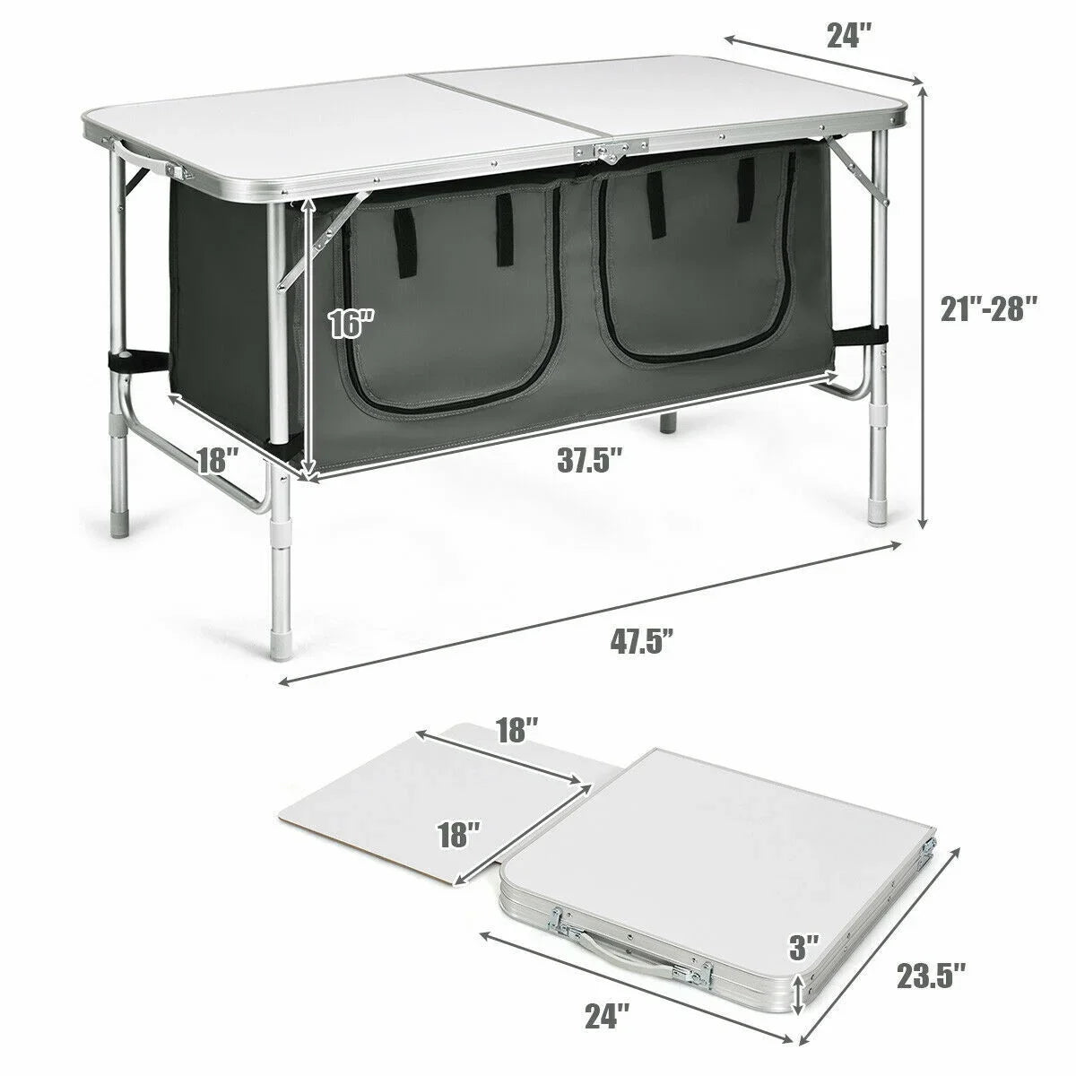 Grey Camping and with Height Adjustable Folding Organizer Aluminum Table Frame Storage