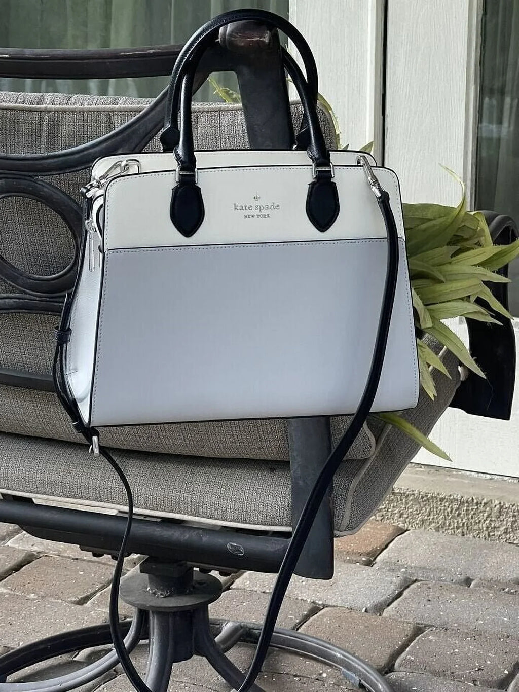 Satchel Purse Colorblock Grey Bag Spade Platinum Medium Madison Kate KC621 Leather
