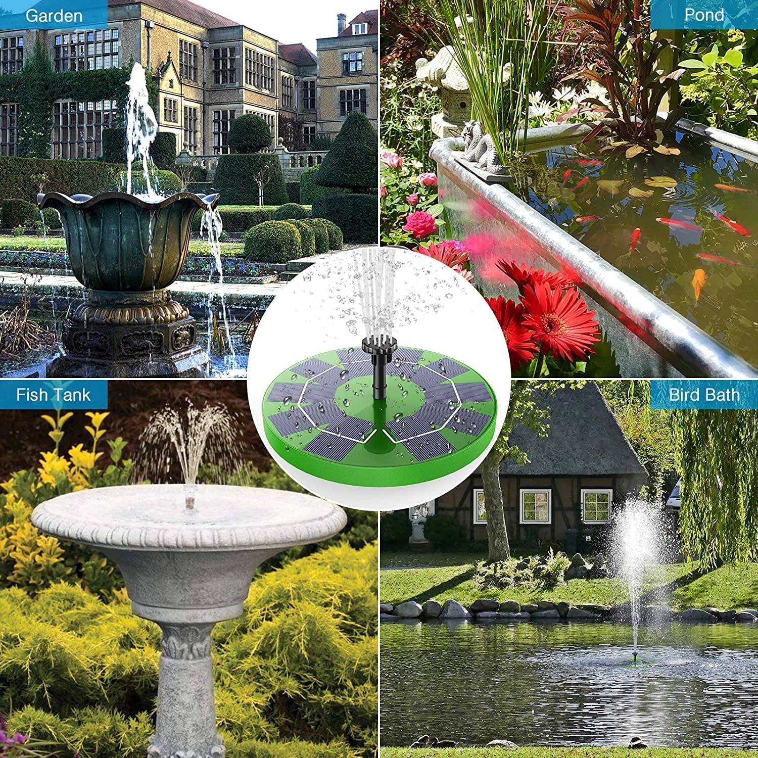 Solar or Water (Green) Nozzles, with Built-in Pond Fish Solar Pump AISITIN Decoration 1200mAh Solar Fountain Pump, Garden for Aerator Bird Floating Fountain Pump Bath, Battery, 6 3W Tank,