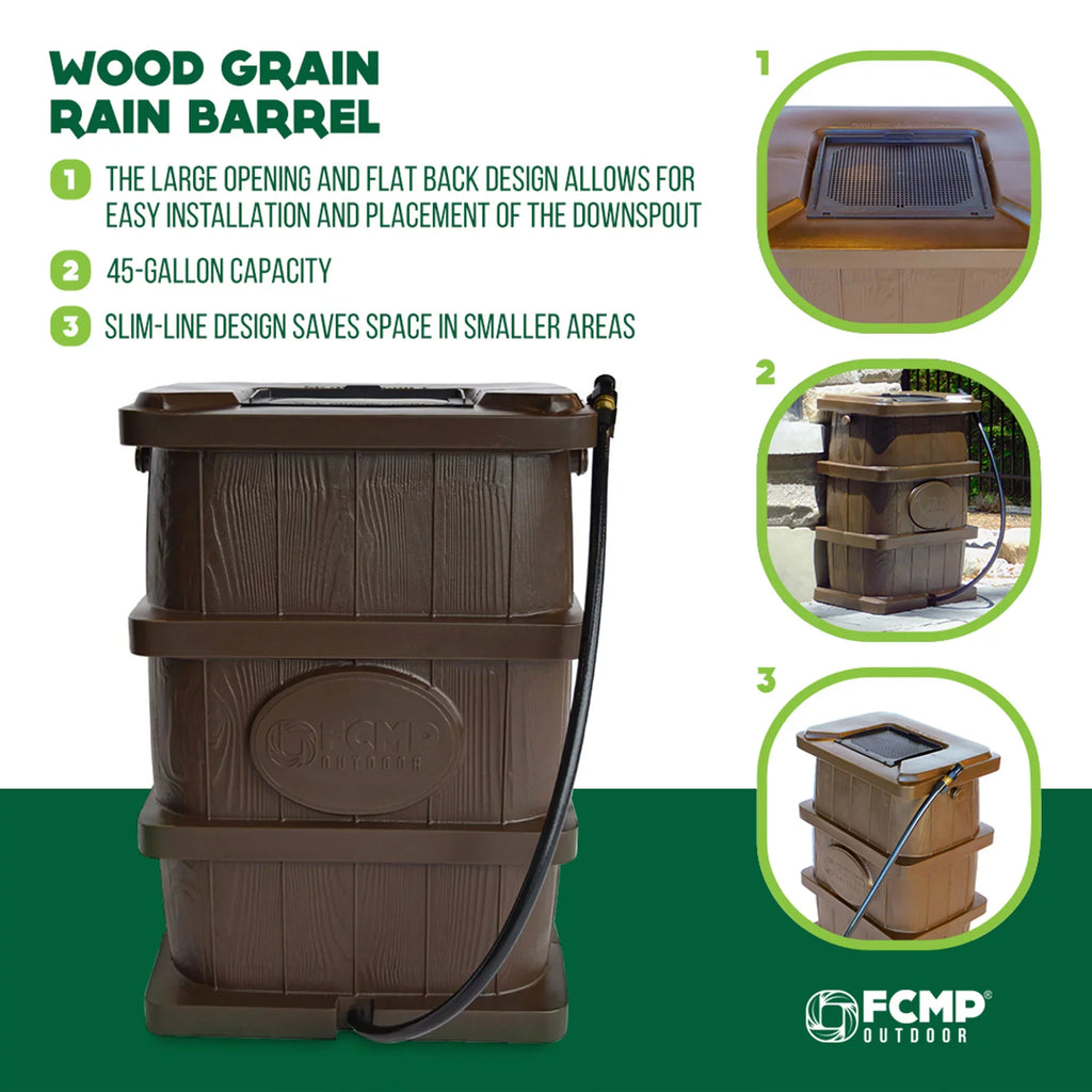 FCMP WG4000 Water 45 Brown Barrel, Outdoor Grain Catcher Rain Gallon Wood