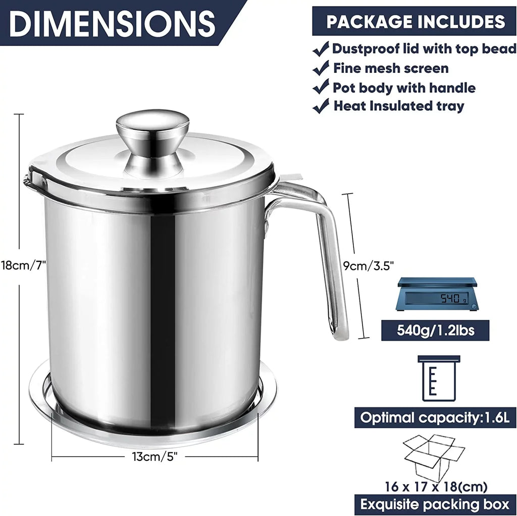 Frying / Steel & 2L Mesh Oil Lid Container,with Strainer oz,Food 67.6 Strainer Grease Storage Non-slip Storing fl Grease Cooking Can Pot Strainer Fine Oil Dust-proof Stainless Oil Tray,for