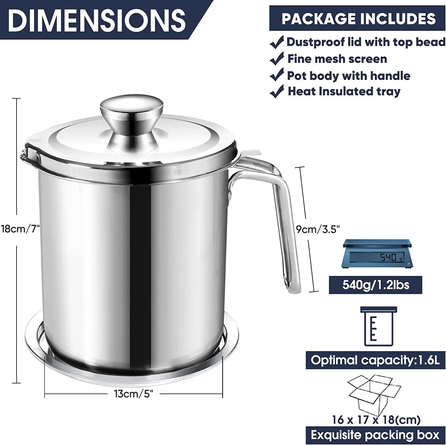 Frying / Steel & 2L Mesh Oil Lid Container,with Strainer oz,Food 67.6 Strainer Grease Storage Non-slip Storing fl Grease Cooking Can Pot Strainer Fine Oil Dust-proof Stainless Oil Tray,for