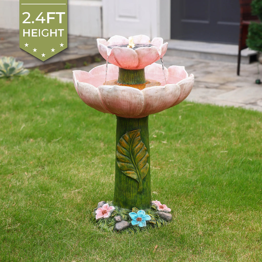 Solar Birdbath with LuxenHome Resin 2-Tier Lights Flower Pink Powered Fountain