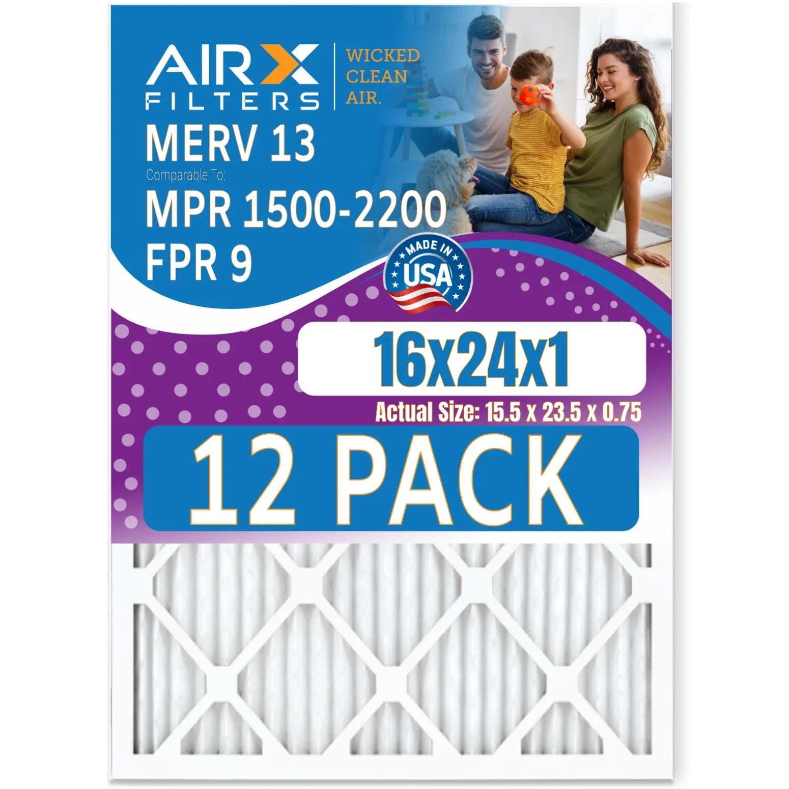 Pack MERV - Rating, CLEAN 12 WICKED Comparable MPR Filters 13 Filter FPR in USA by 9 Air 16x24x1 Made 2200 AIRX 1500 to FILTERS Furnace of AIR. - &