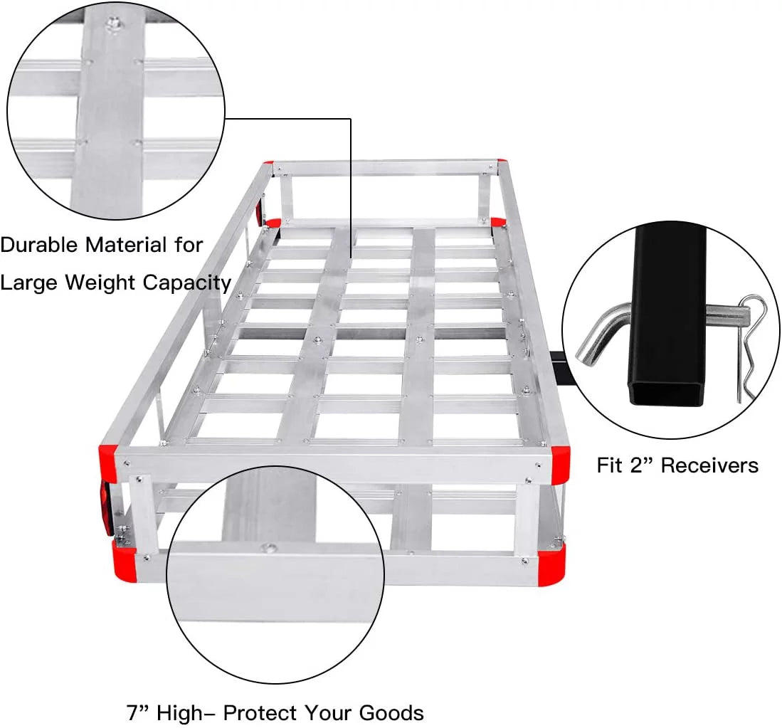 x Luggage 2” Truck, Vehicle Rack, Capacity 22” Receiver, x Trailer for Mount Hitch SUV, Carrier 7” Cargo Cargo Basket Car, Aluminum 60” 500LBS Fits
