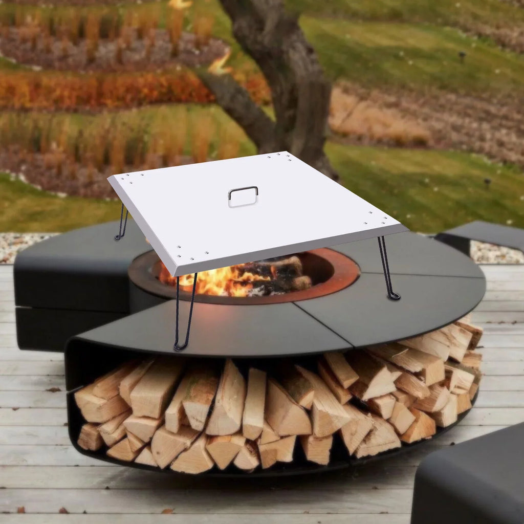 Stainless Pit Legs with Miumaeov Down Burner Fire Heat 24*24in and Heat Fire to Push Steel Foldable Cover Out Pit Deflector Square