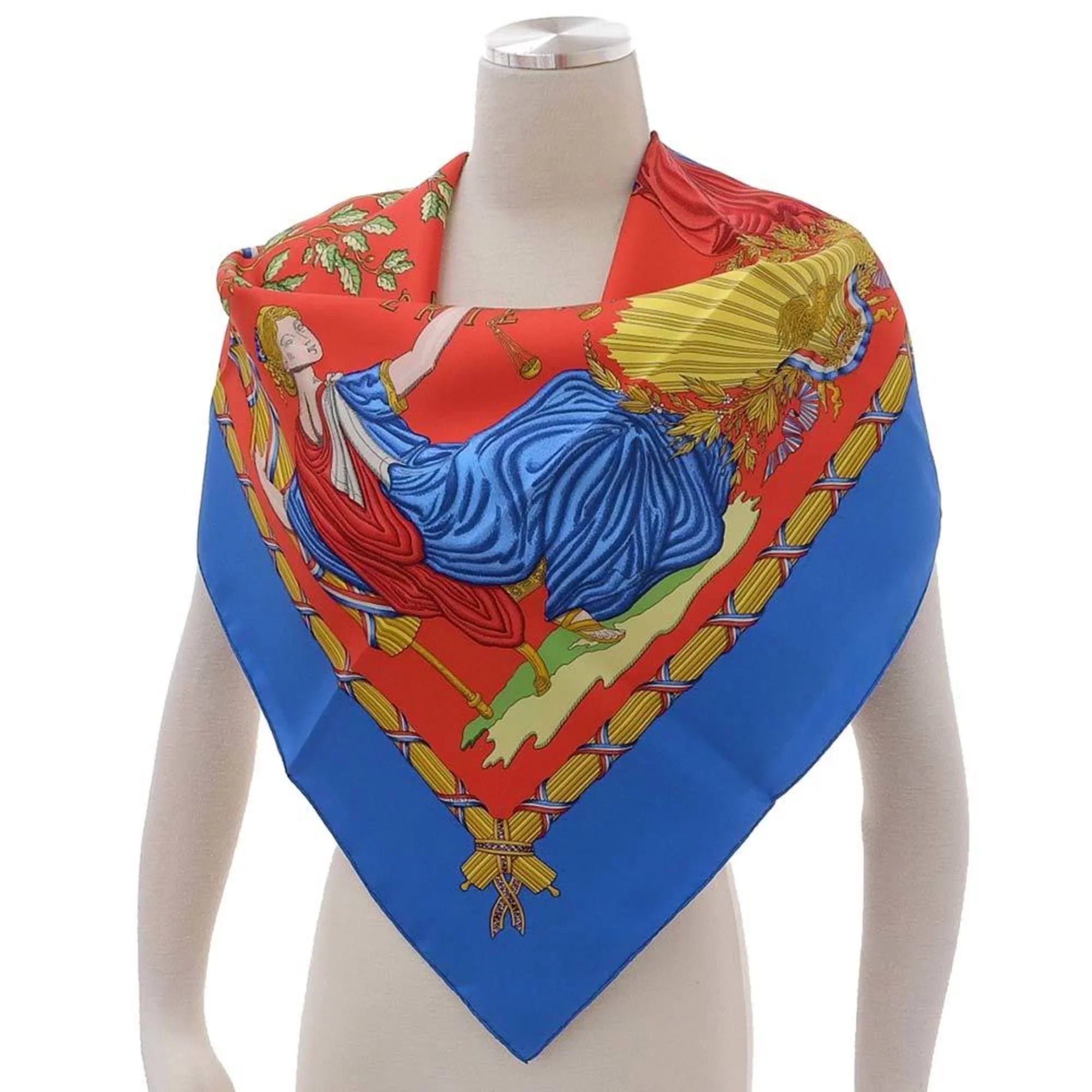 New) Pattern Red Silk Scarf Revolution 90 Commemorating Carre Blue Hermes (Like the Pre-Owned French