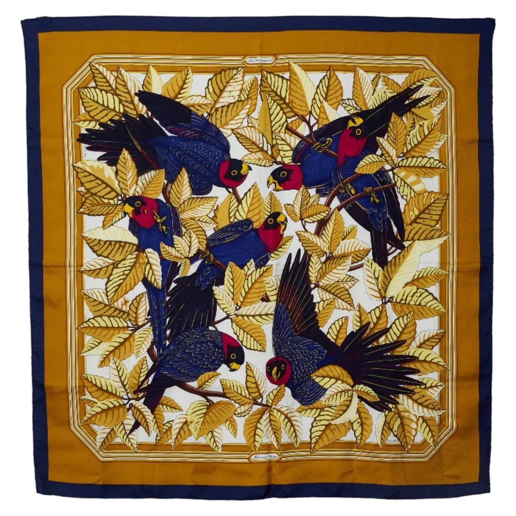 Pre-Owned Scarf Parrot (Good) Carre90 HERMES Perroquets Silk Bird Hermes Les Gold Ladies Navy detail Muffler