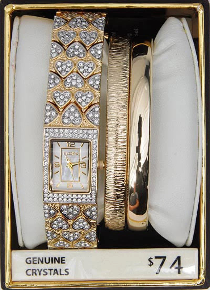 Crystal Adult MOP Set Elgin White Gold-Tone Bangle Double (EG8012ST) Round Watch Female