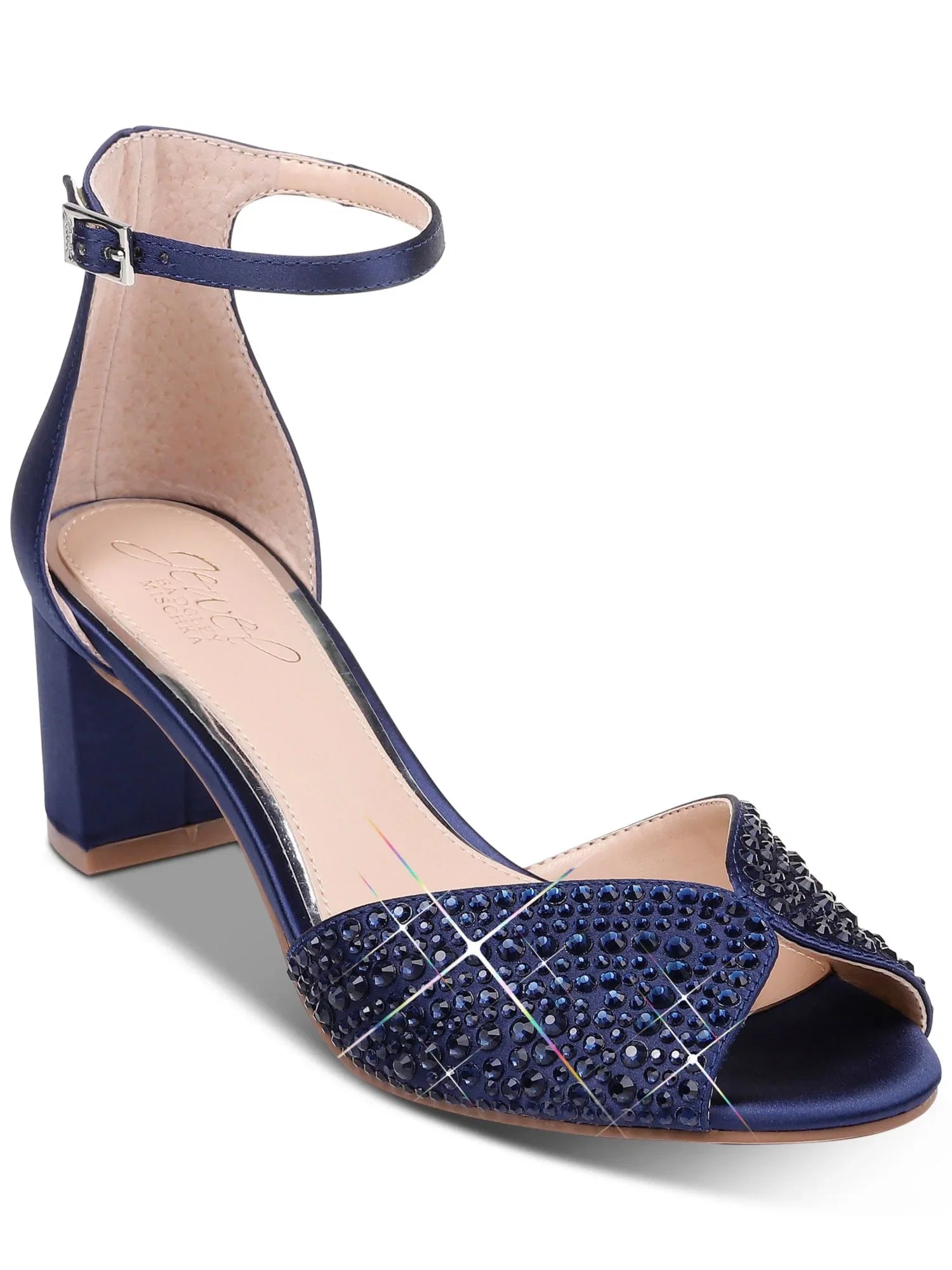JEWEL Toe 9.5 Dress Rhinestone Round Buckle MISCHKA Navy Sycamore Womens Heel Strap BADGLEY Ankle Sandals Block Shoes