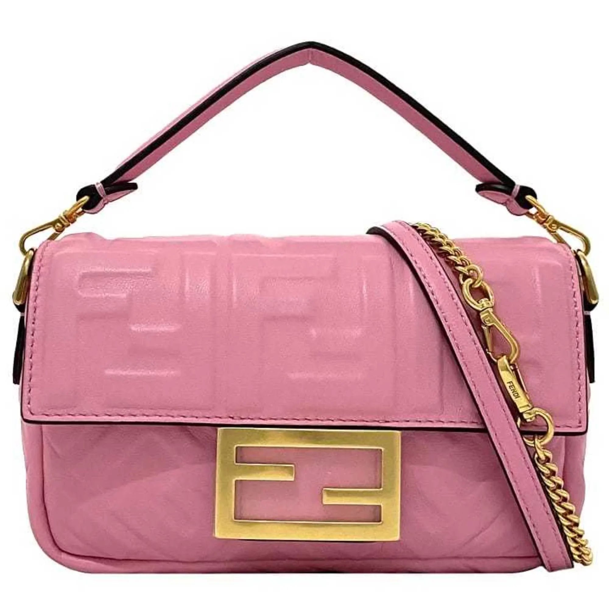 Pink FF Baguette Pre-Owned Chain FENDI Small 8BS017 Leather Shoulder (Like GP Embossed Ladies New) Gold Fendi Bag