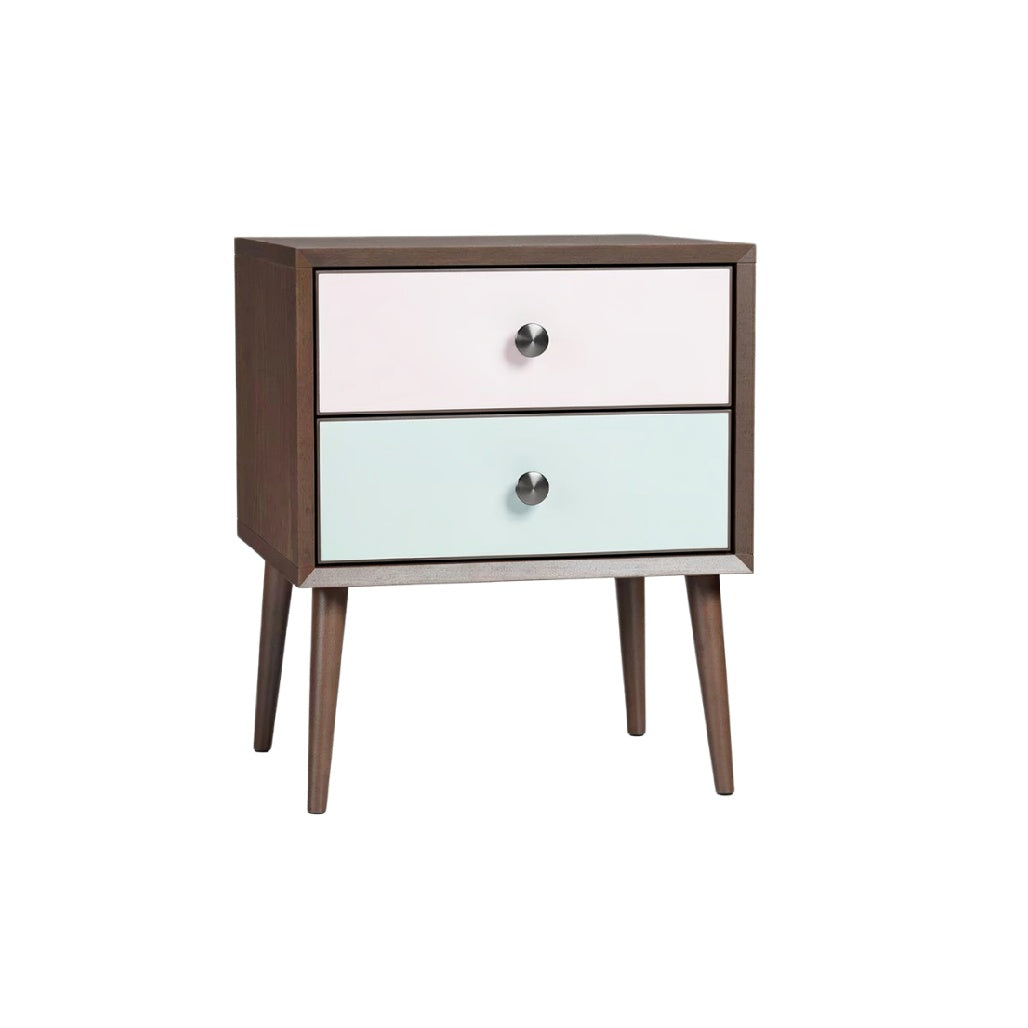 Moderne nachtkast met pastel lades en houten poten