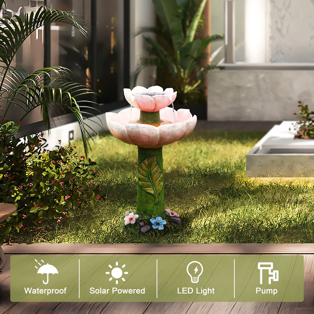 Solar Birdbath with LuxenHome Resin 2-Tier Lights Flower Pink Powered Fountain