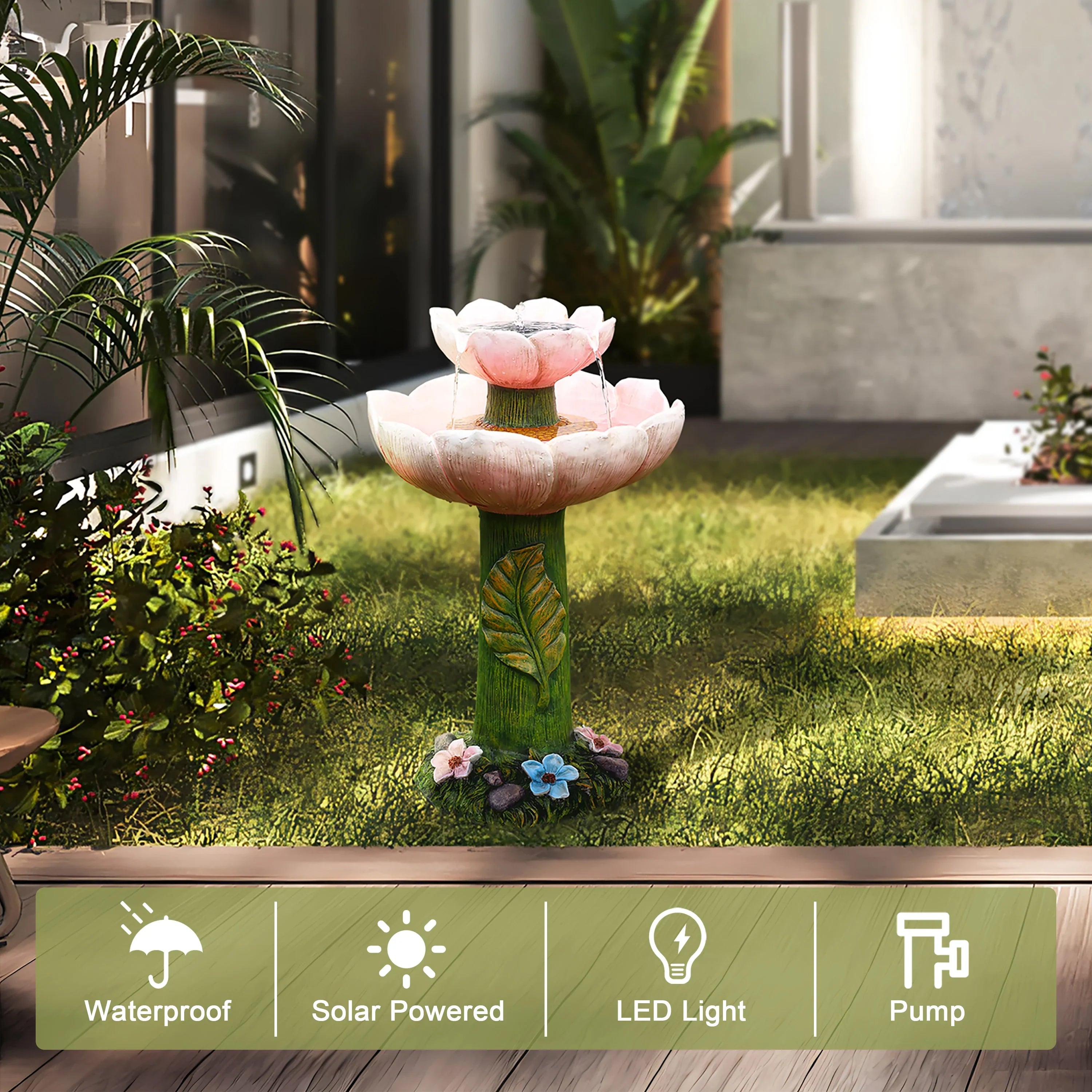Solar Birdbath with LuxenHome Resin 2-Tier Lights Flower Pink Powered Fountain