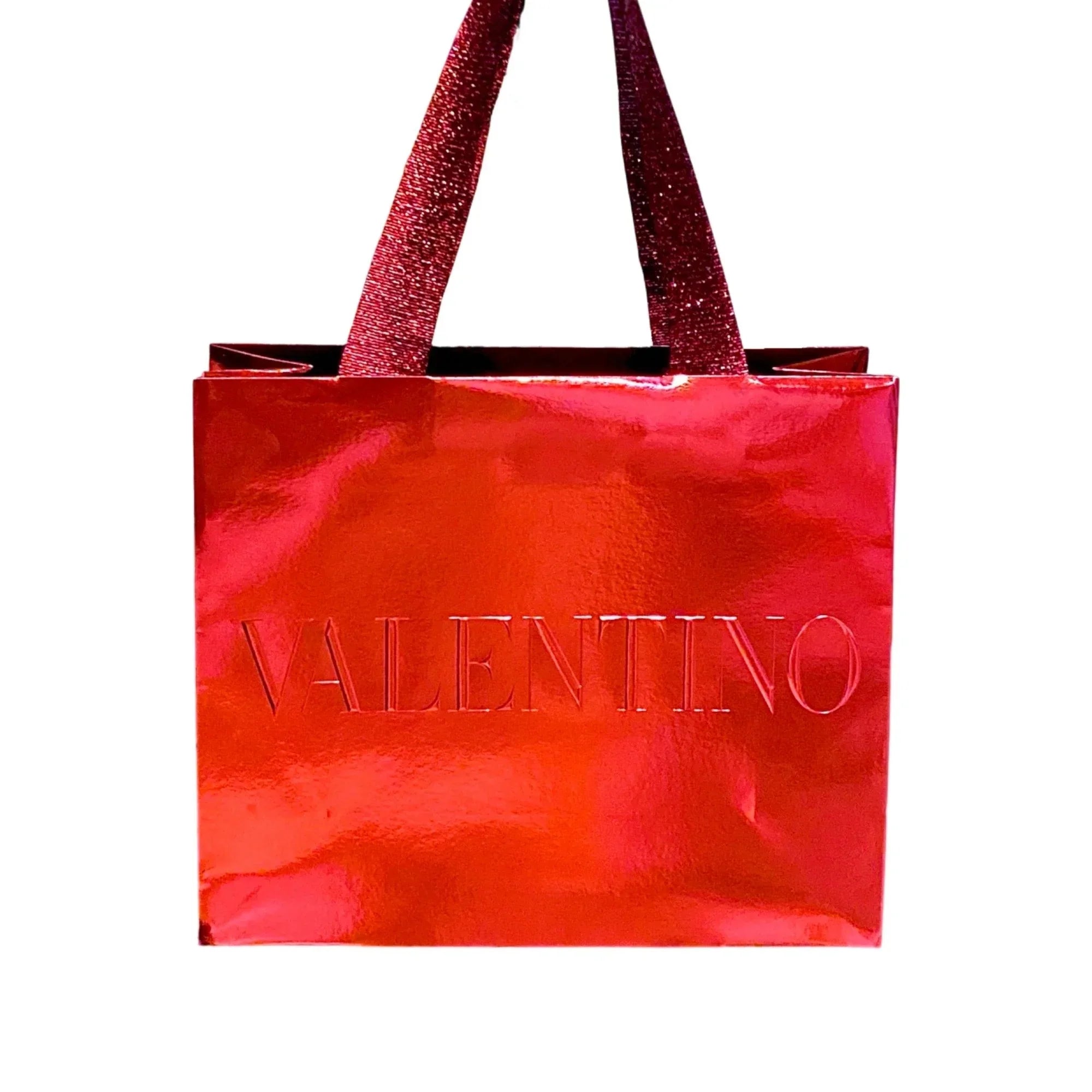 Valentino Designer Red Logo Paper Small Metallic Bag Gift Shopping