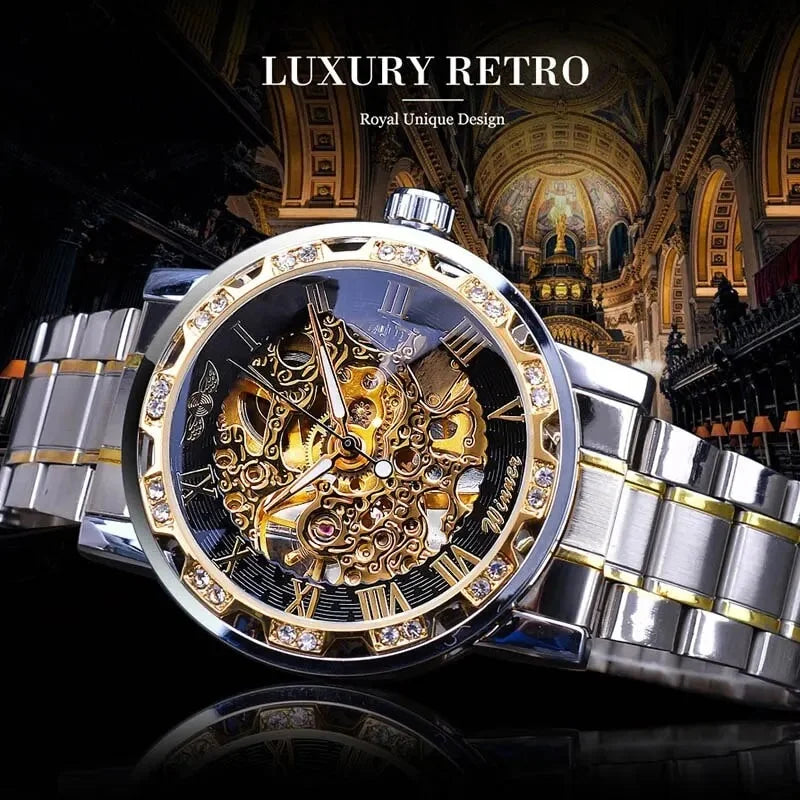 Men Luxury Gear Silver Gift Movement White 1pc Wrist Skeleton Diamond Mechanical Business Exquisite Gold Watch