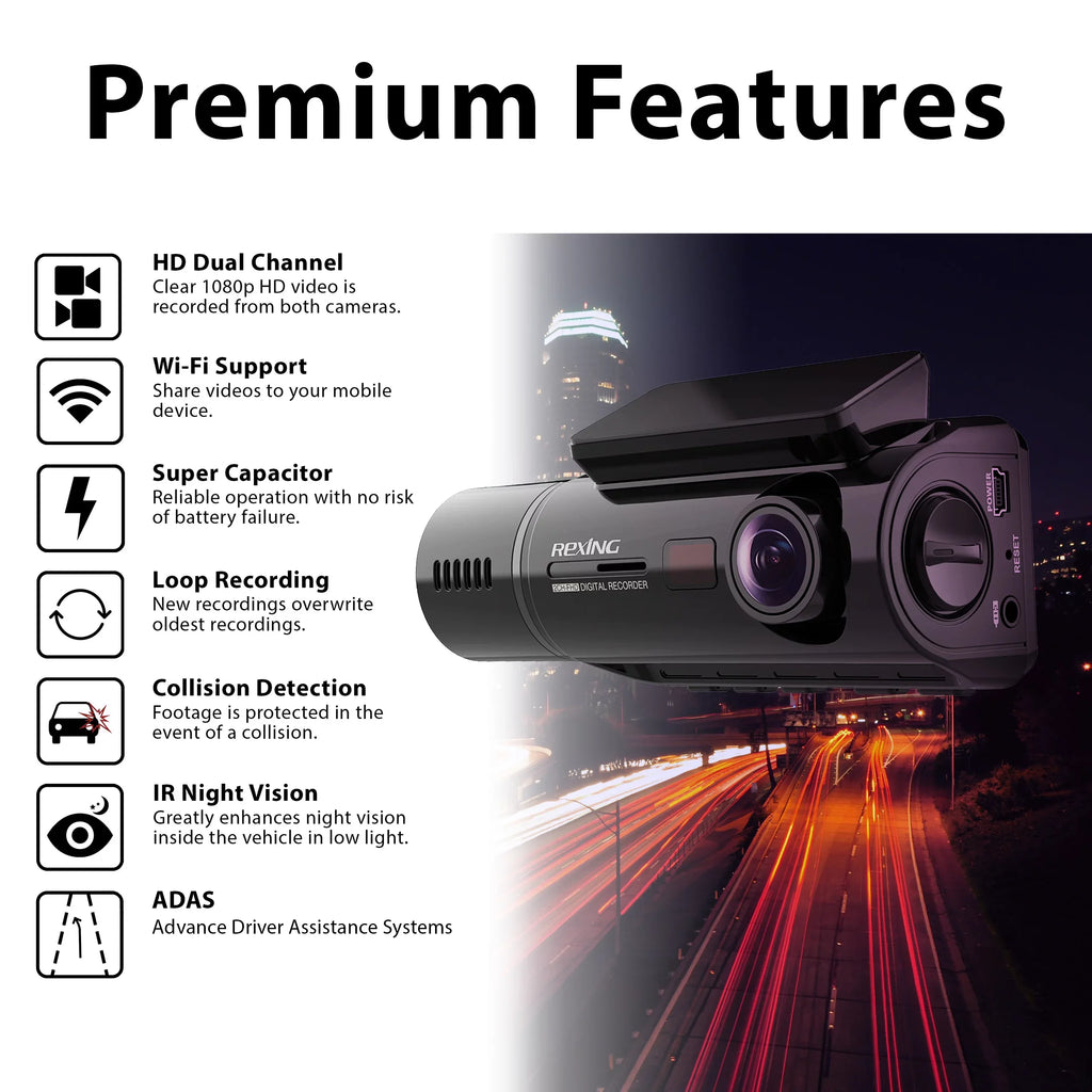 Dash Basic Full Cam Rexing and 1080p Wi-Fi HD Cabin V3 Inside Front Dual Camera with