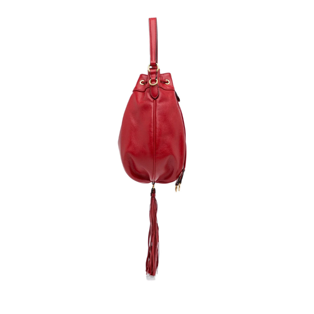 Bag Unisex Tassel Miu Authenticated Miu Bucket (Good) Leather DrawstringBag Red Pre-Owned Accent Calf
