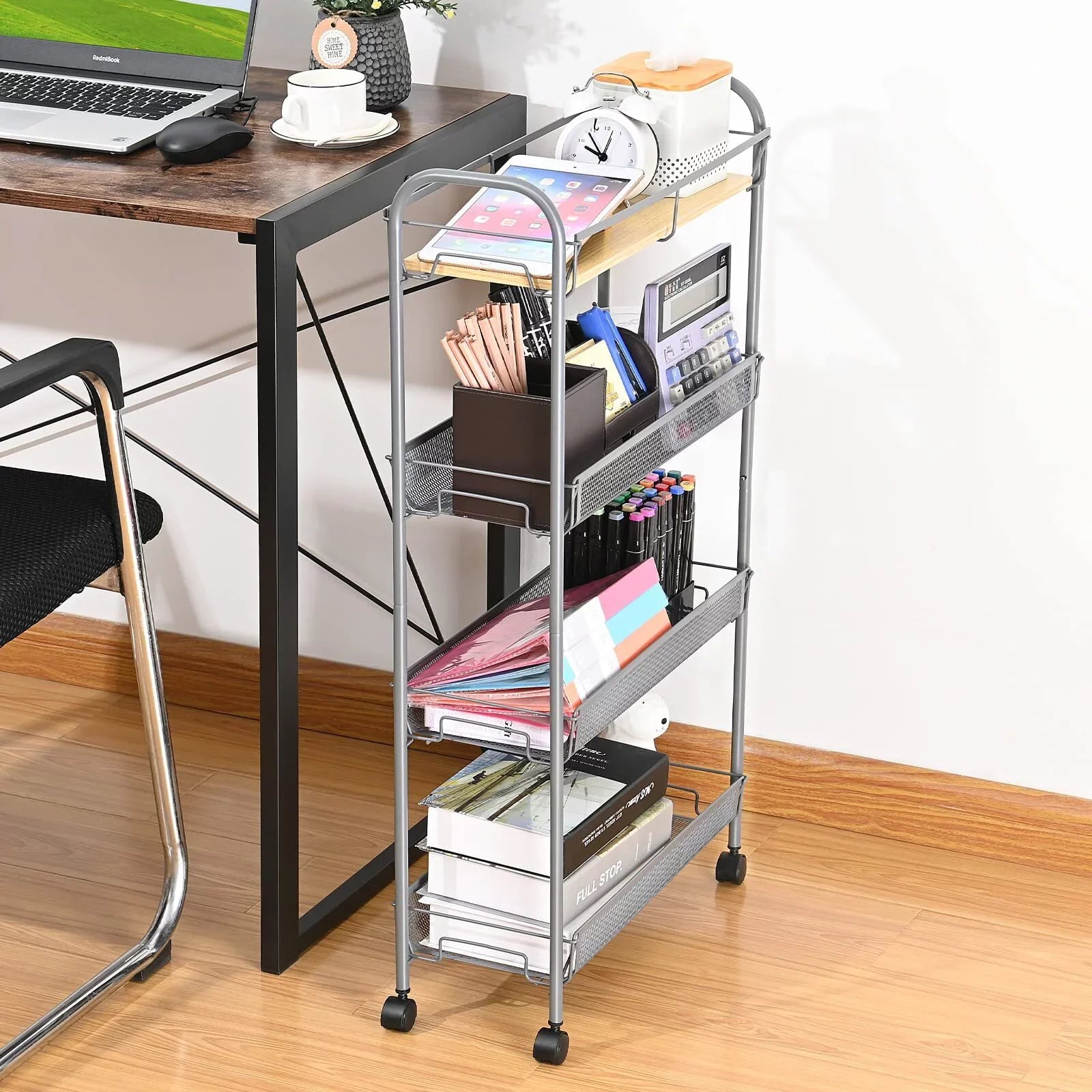 Gray Tabletop Cart, KINGRACK with Storage Bathroom, Mesh for KK Kitchen Wooden Utility Carts 4-Tier Rolling