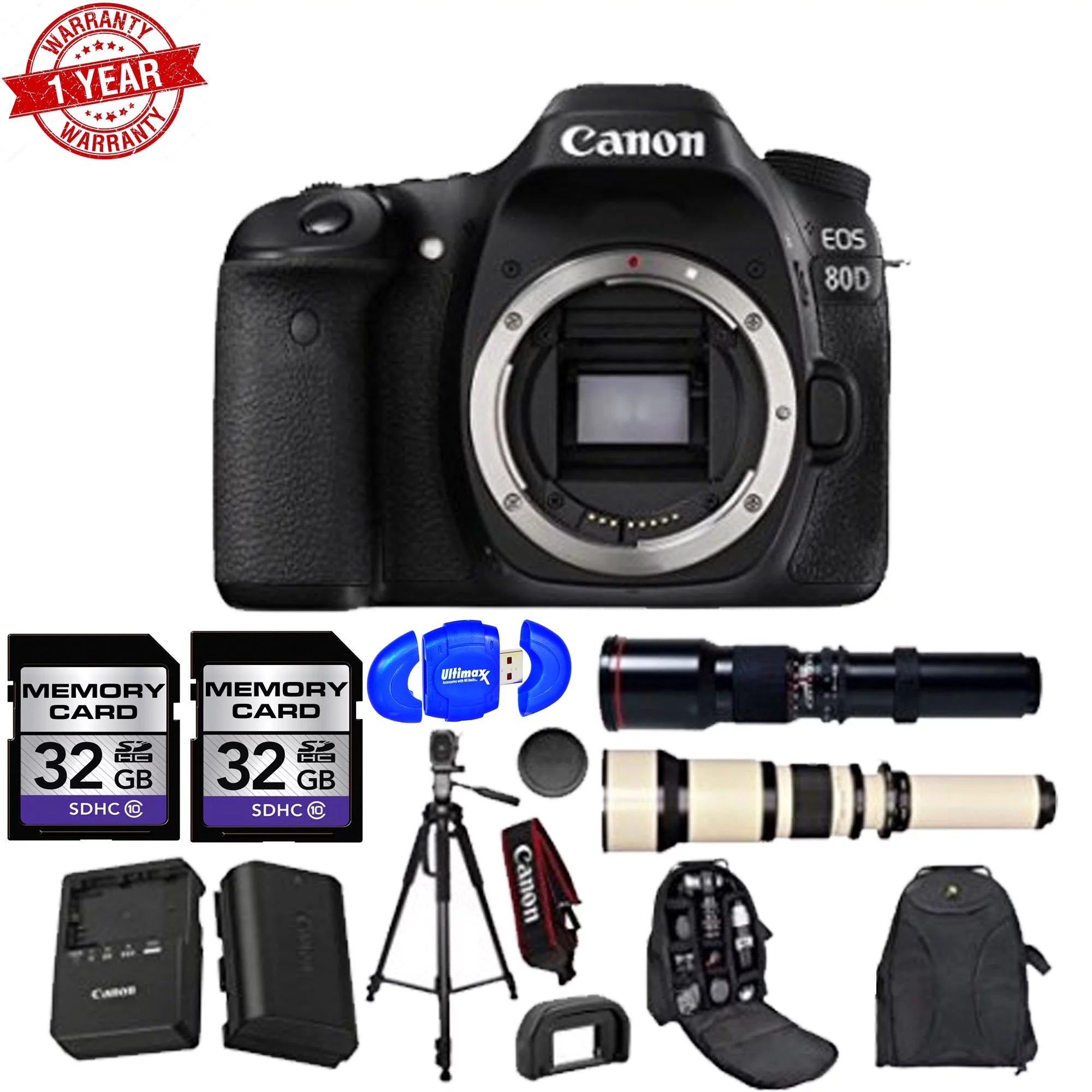 80D Zoom Wildlife Bundle Wi-Fi EOS Preset 24.2MP Telephoto and (15 Accessory 1080P Full Lens Items) + 650-1300mm w/500mm HD Lens DSLR Canon