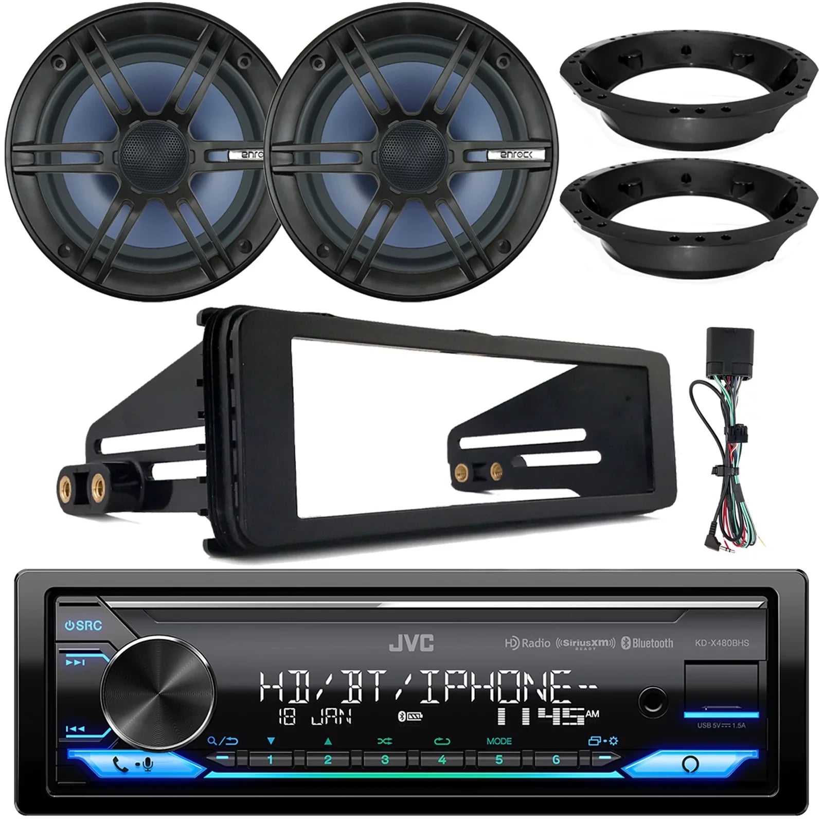 Bluetooth Single Ready FLHX 2x Adapters, Stereo with KD-X480BHS Audio Speakers FLHTC Radio SiriusXM 6.5" USB AM/FM Kit Receiver, LED Amazon DIN Install Dash Harley LED JVC Alexa AUX Car Enrock
