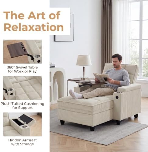 NicBex Sleeper Sofa Chair Bed with USB Port & Cup Holder &Side Table, Beige