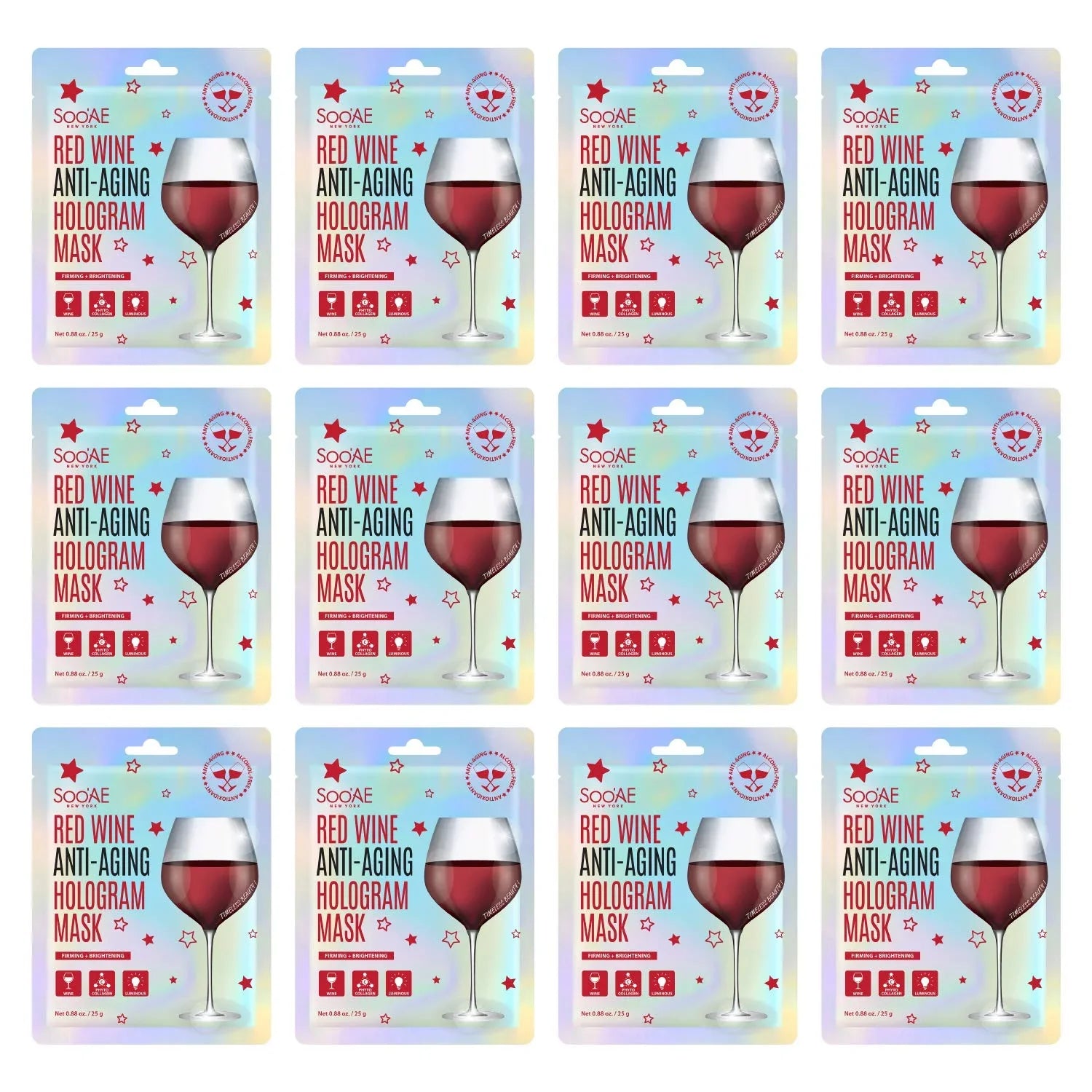 Vegan Glow Sheet Brightening Wra Firm, Count] To Facial Antioxidants Beauty Mask Hydrate Korean Premium Red Restore Hologram Brighting Skin, Anti-Aging Face [12 And Collagen Soo,Ae Wine Mask Mask