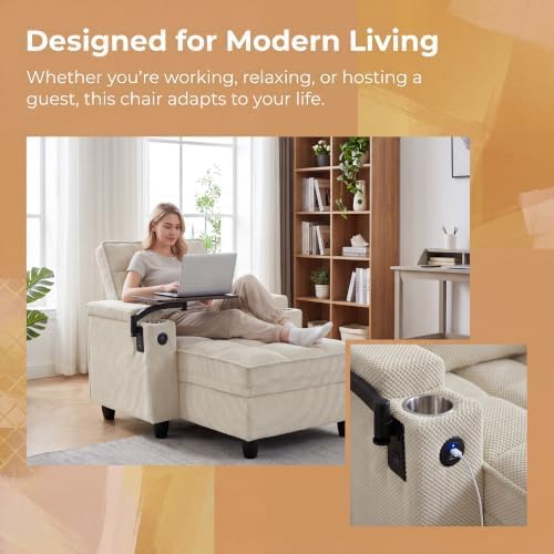 NicBex Sleeper Sofa Chair Bed with USB Port & Cup Holder &Side Table, Beige