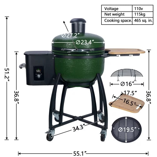 24" Pan-roasted Roasted Ceramic MADETEC 19.6" Gridiron BBQ Outdoors Ceramic Double Smoked Grill for Liner Patio,Green 4-in-1 diameter Pellet with