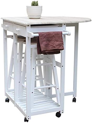 3 Piece Dining Table Set, Kitchen Island Table with Wheels and 2 Drawers, 2 Round Chairs, Kitchen Cart Dining Table Set with Folding Drop Leaf, Small Kitchen Table Set (White)