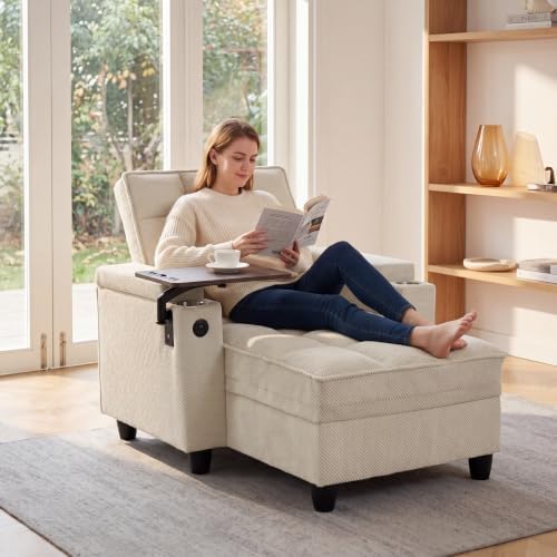 NicBex Sleeper Sofa Chair Bed with USB Port & Cup Holder &Side Table, Beige