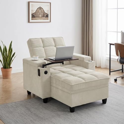 NicBex Sleeper Sofa Chair Bed with USB Port & Cup Holder &Side Table, Beige