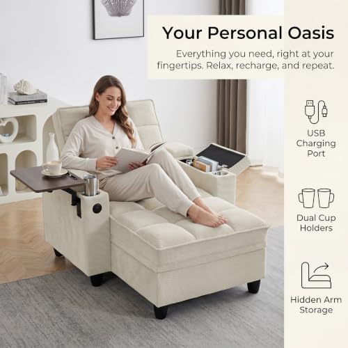 NicBex Sleeper Sofa Chair Bed with USB Port & Cup Holder &Side Table, Beige